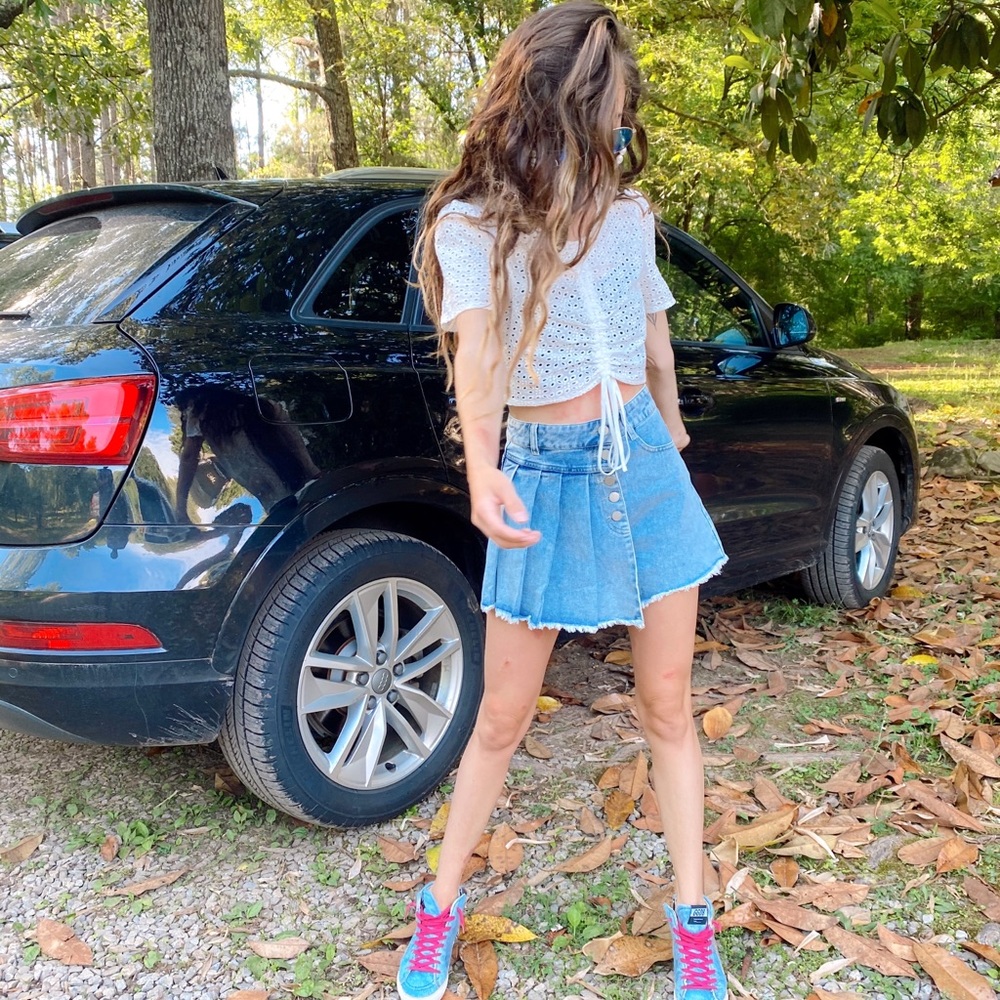 asymmetrical pleated denim skort